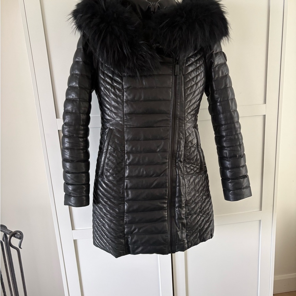 RUDSAK MASCO Women’s Black Leather & Fur Down Coat – Size S –